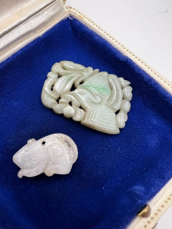 Two Estate Chinese Hand Carved Jade Pendant Charms: Two Estate Chinese Hand Carved Jade Pendant Charms. Each hand carved on both sides. One figural rat and one panel. Larger measures nearly 1.5 inches in length.