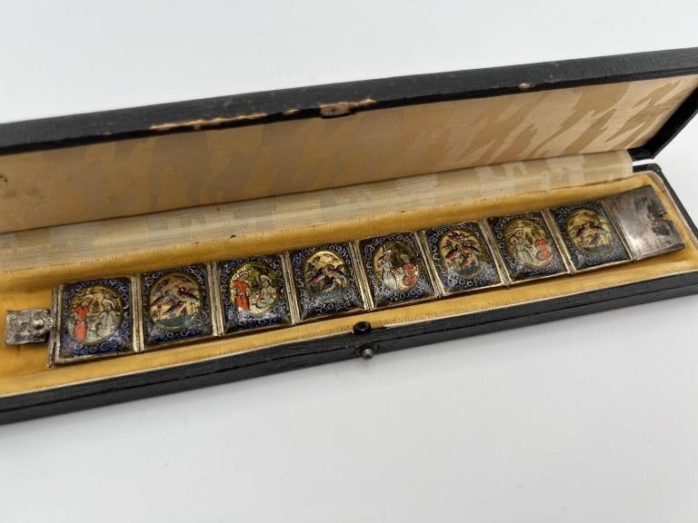 Antique Indo Persian Silver Enamel Bracelet w Box: Antique Indo Persian Silver Enamel Bracelet w Original Box. Hand painted enamel panel bracelet with scenes of birds and court figures on mother of pearl mounted in silver. Bracelet measures 7 inches i