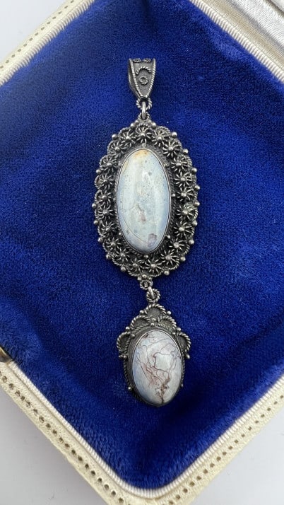 Antique Sterling Cannetille & Blue Jasper Pendant: Antique Sterling Cannetille & Blue Jasper Pendant. Etruscan Revival / Archaeological Revival style cannetille wirework sterling silver and blue jasper cabochon necklace pendant. Measures just under 3