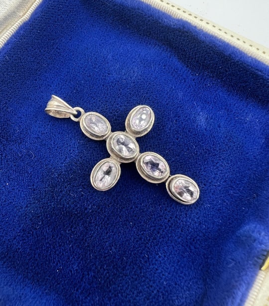 Vintage Sterling & Bezel Set Topaz Cross Pendant: Vintage Sterling & Bezel Set Topaz Cross Pendant. Hallmarked on the back. Measures just over 1.5 inches in length with the bail.