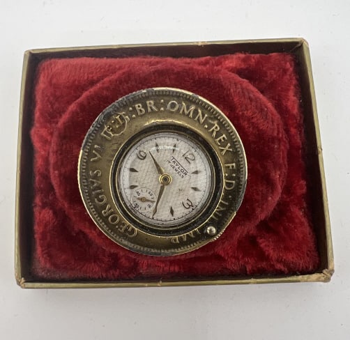 Antique 17 Jewels Pocket Watch Mounted w Coins: Antique 17 Jewels Pocket Watch Mounted w Coins. Unique custom made item featuring a Taylor 17 Jewels watch mounted with an English George VI coin on the front and a dated 1942 Australian coin on the b