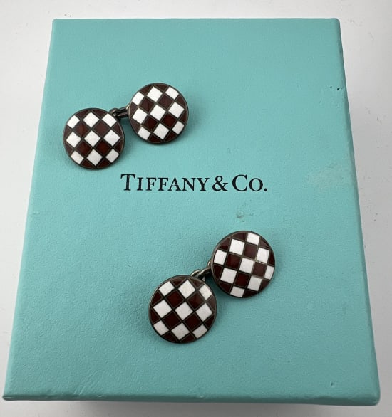 Tiffany & Co Sterling Silver & Enamel Cuff Links: Pair of Tiffany & Co Sterling Silver & Enamel Cuff Links. Signed and hallmarked on the backs, TIFFANY & CO 925 England. Each measures approximately 1 inch in length. Together with a Tiffany & Co box t