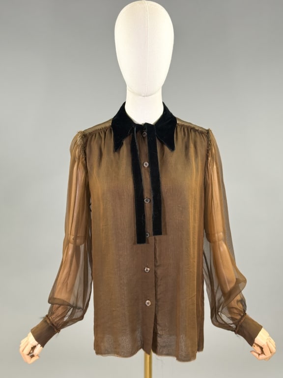 Vintage 2005 Lanvin Silk Chiffon Velvet Blouse Top: Vintage 2005 Lanvin Silk Chiffon Velvet Blouse Top having velvet collar and tie at neck with button front closure. Marked size 38. Measuring 36 inch bust, 26 inches long, 26 inch sleeve length.