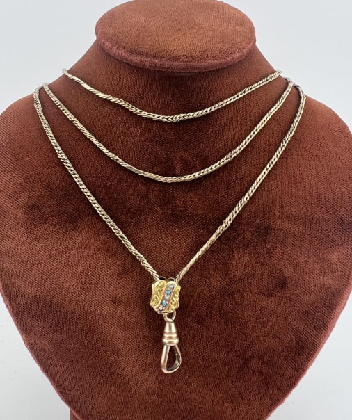Antique 19th C 10k Gold Slide Watch Chain Necklace: Antique 19th C 10k Gold Slide Watch Chain Necklace. With dog clip for charms / pendant. Antique 19th Century Victorian yellow gold filled watch chain / guard chain. Slide is set with seed pearls and t