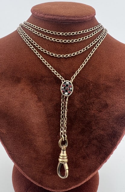 Antique 19th C 10kt Gold Slide Necklace Chain: Antique 19th C 10kt Gold Slide Necklace Chain w Dog Clip. Antique late Victorian gold filled necklace chain or watch guard chain with 10kt gold slide set with garnet cabochons and seed pearls as well