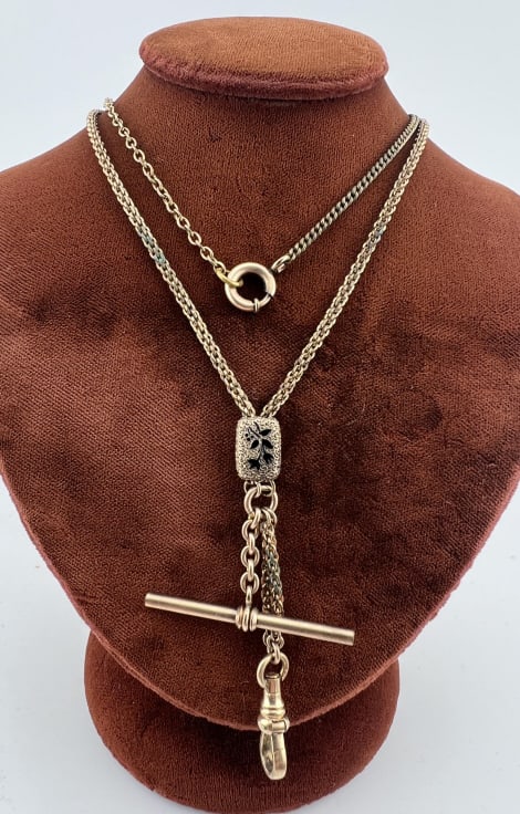 Antique 19th C Watch Chain 10k Gold Slide Necklace: Antique 19th C Watch Chain 10k Gold Slide Necklace. Antique 19th C Victorian era gold filled watch chain necklace with slide, dog clip, spring ring and T bar. The black enamel decorated front of the s