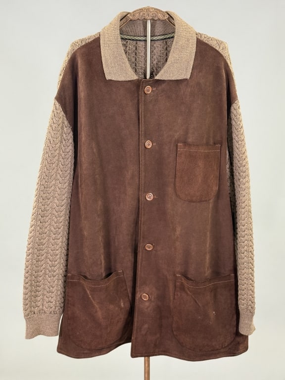 Vintage Suede Leather Cable Knit Sweater Jacket: Vintage Suede Leather Cable Knit Sweater Jacket having suede front with three patch pockets and button front closure, knit through sleeves, collar, and back. Marked size L. Measuring 50 inch chest, 30