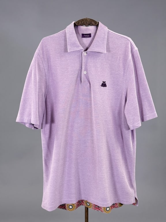 Asprey London Cotton Pique Knit Polo Shirt: Asprey London Cotton Pique Knit Polo Shirt having quarter button closure at neck and stretch throughout with embroidered logo at chest. Measuring 46 inch chest, 30 inches long, 11 inch sleeve length.