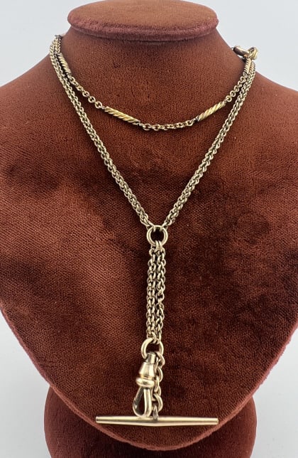 Antique 19th C Gold Filled Watch Chain Necklace: Antique 19th C Gold Filled Watch Chain Necklace. With T bar and dog clip, as well as spring ring and split ring. Measures 23 inches in length for the chain, plus approximately a 2 inch drop with the T