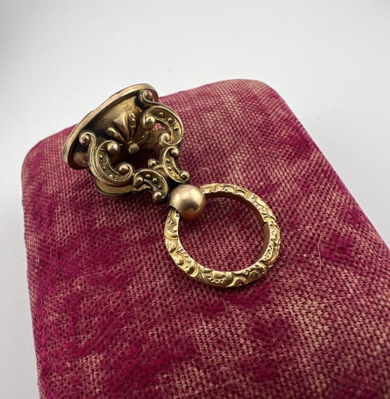 Antique 19th C Gold Filled Split Ring Seal Pendant: Antique 19th C Gold Filled Ornate Fob Seal Pendant. Fob on split ring. Measures just over 1.5 inches in length.