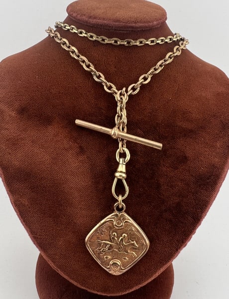 Antique 19th C Gold Fill Necklace w Horse Fob: Antique 19th C Gold Fill Watch Chain Necklace w Horse / Equestrian Motif Fob Pendant. Antique Victorian era chain with two dog clips, T bar and equestrian motif fob pendant. Chain measures 19 inches a