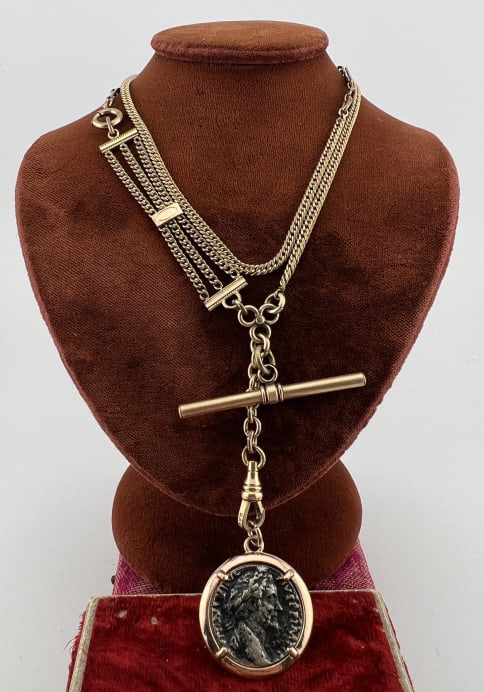 Antique Gold Filled Watch Chain Necklace w Coin (1 of 11)