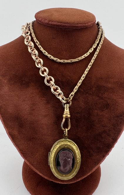 Antique Watch Chain Necklace w Cameo Locket (1 of 7)
