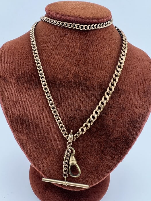 Antique 19th C Gold Filled Watch Chain Necklace: Antique 19th C Gold Filled Watch Chain Necklace w T Bar & Dog Clip. Curb link chain, spring ring clasp and dog clip for charms or pendant. Chain measures approximately 19 inches in length.