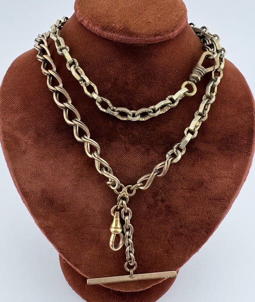 Antique 19th C Gold Filled Watch Chain Necklace: Antique 19th C Gold Filled Watch Chain Necklace. Victorian era watch chains including gold filled chain, T bar and dog clip. Design of double curb links and alternating patterned links. Chain measures