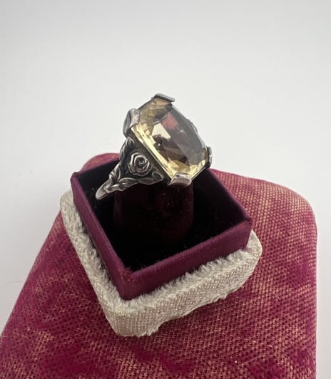 Art Deco Era Sterling Silver Rose Motif Ring: Antique Art Deco Era Sterling Silver Rose Motif Ring w Faceted Citrine Tone Crystal. Ring size 5 approximately