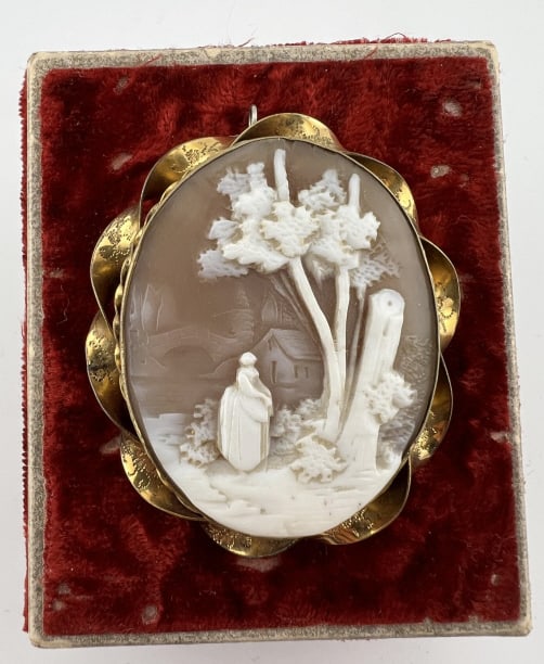 Antique 19th C Large Scale Cameo Pendant: Antique 19th C Victorian Era Large Scale Cameo Necklace Pendant. Scene of a well dressed woman in landscape with cottage in the background. Unique and lesser seen cameo scene. Gold filled setting. Mea