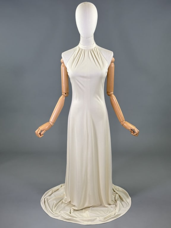 Vintage 1970s Poly Knit Halter Disco Maxi Dress: Vintage 1970s Polyester Knit Halter Disco Maxi Dress having ruched halter neckline with open strap back with center back zip closure, stretch throughout. Labeled Kappi - measuring 32 - 36 inch bust, 2