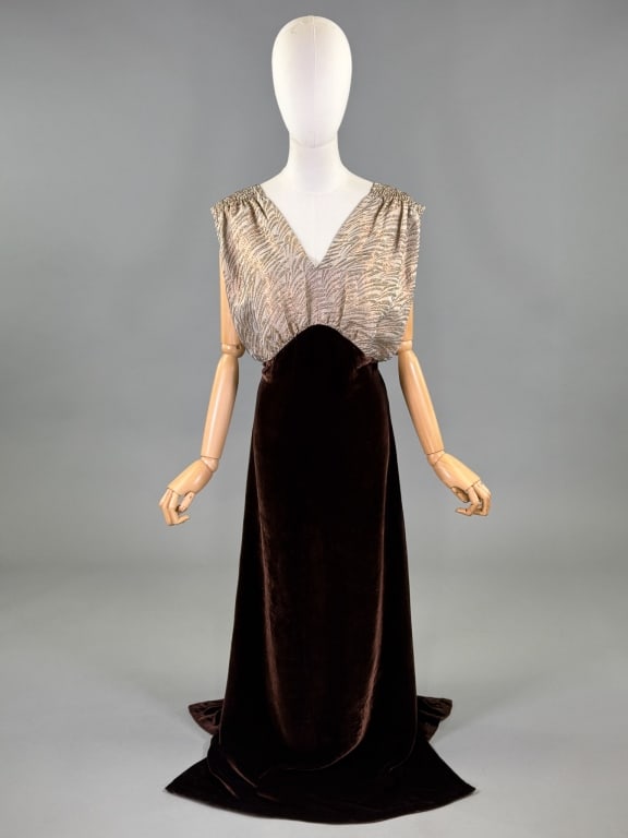 Vintage 1930s Lame Silk Velvet Evening Gown Dress: Vintage 1930s Lame Silk Velvet Evening Gown Dress having lame bodice with smocked shoulders and velvet skirt. Measuring 40 - 50 inch bust, 34 inch waist, 58 inches long. Light wear throughout as shown