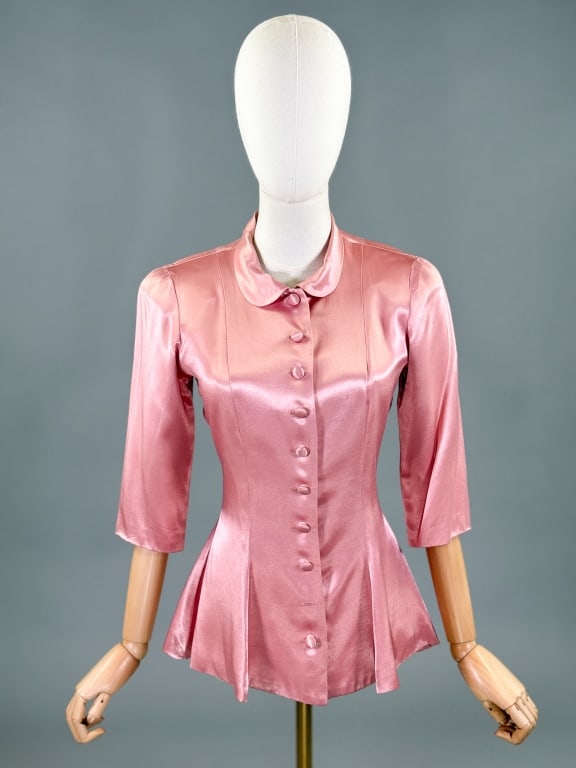 Vintage 1940s Pink Satin Button Front Blouse Top (1 of 11)