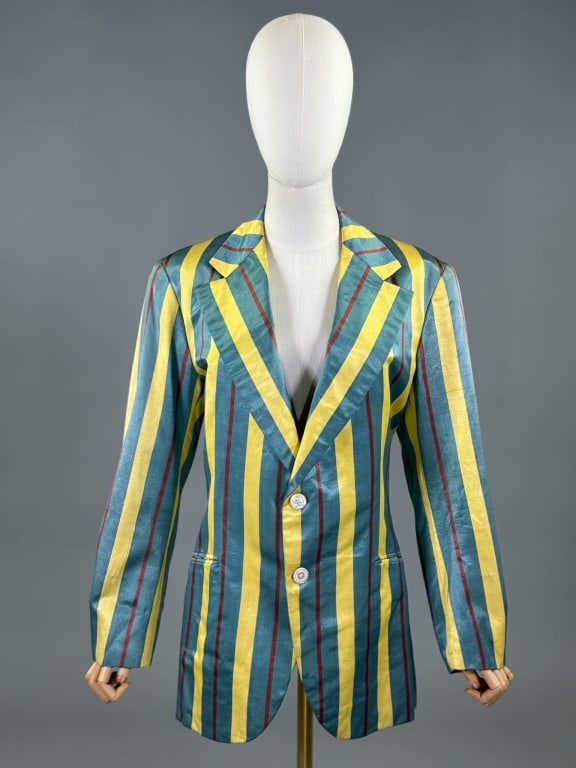 Vintage 1970s Joe Gaon Cairo Satin Striped Blazer Jacket: Vintage 1970s Joe Gaon Cairo Satin Striped Blazer Jacket having notched lapel collar with single breasted button closure and two front welt pockets, fully lined. Measuring 42 inch chest, 30 inches lon