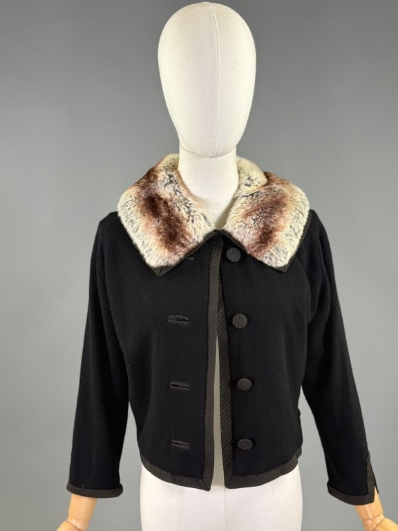 Vintage 1950s Chinchilla Fur Knit Cardigan Sweater: Vintage 1950s Chinchilla Fur Trim Knit Cardigan Sweater having Chinchilla fur collar with single hook closure at neck, non functional buttons down front & silk lining. Measuring free bust, 18 inches l