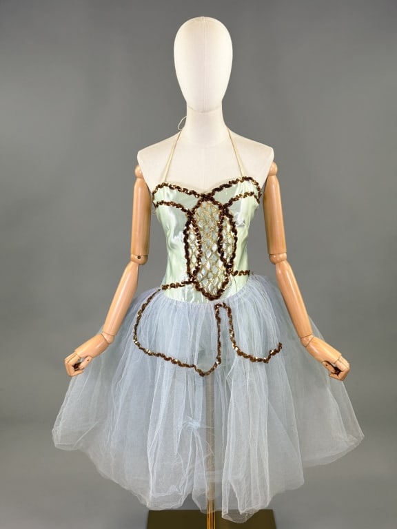 Vintage 1970s Satin Sequin Tutu Costume Dress: Vintage 1970s Satin Sequin Tutu Costume Dress having halter neckline with back zip closure and elastic thread through back with stretch throughout. Sequin and metallic embellishments throughout. Label