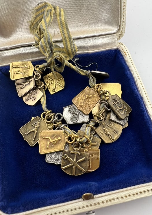 Collection Gold Filled Silver Tone Antique Medals: Collection of Gold Filled & Silver Tone Antique Medals. Sports and camping related antique / vintage medals and charms on ribbon. These measure .75 of an inch and under on average.