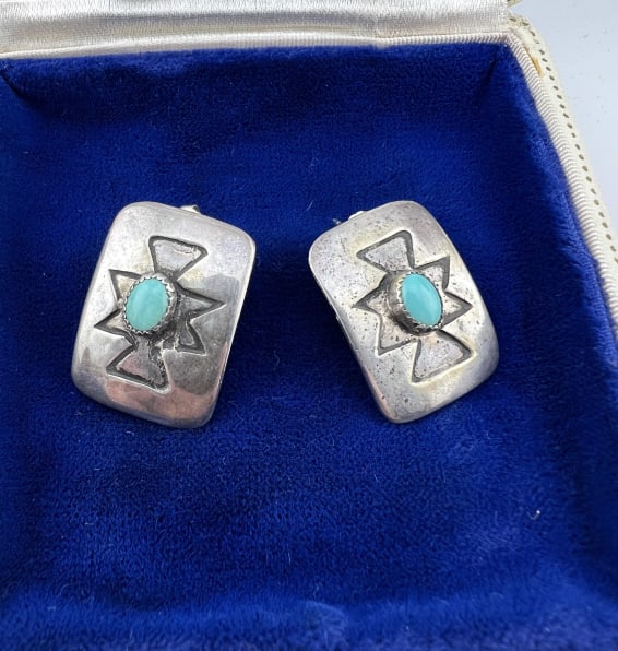 Pair Native American Kary Begay Sterling Earrings: Pair Native American Kary Begay Sterling Earrings. Sterling silver and turquoise cabochons. Signed on the back STERLING KB, likely for Kary Begay, a Navajo jewelry maker. Each measures approximately 1