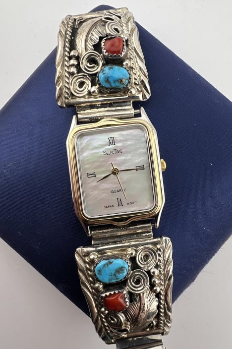 Native American Albert Yazzie Sterling Watch: Native American Albert Yazzie Sterling Watch Bracelet. Vintage watch bracelet with two Native American sterling silver panels, signed STERLING AY, possibly for Albert Yazzie, a Navajo jewelry maker. W