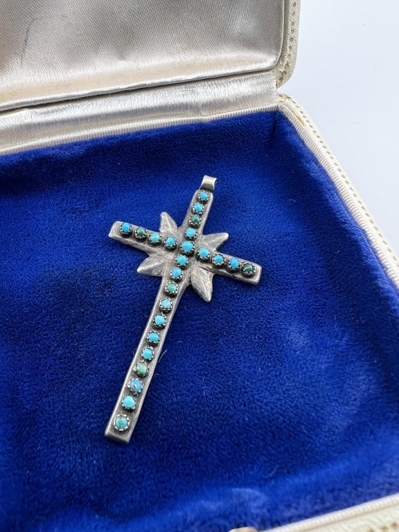 Native American Sterling Silver & Turquoise Cross: Native American Sterling Silver & Turquoise Cross. Vintage Zuni Native American sterling silver and turquoise cabochon cross necklace pendant. Old sticker on back says Zuni $130. Measures just under 2