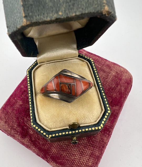 Vintage Native American Sterling Zuni Coral Ring: Vintage Native American Sterling Zuni Coral Ring. Signed and hallmarked. Coral Zuni mosaic ring. Ring size 9.5