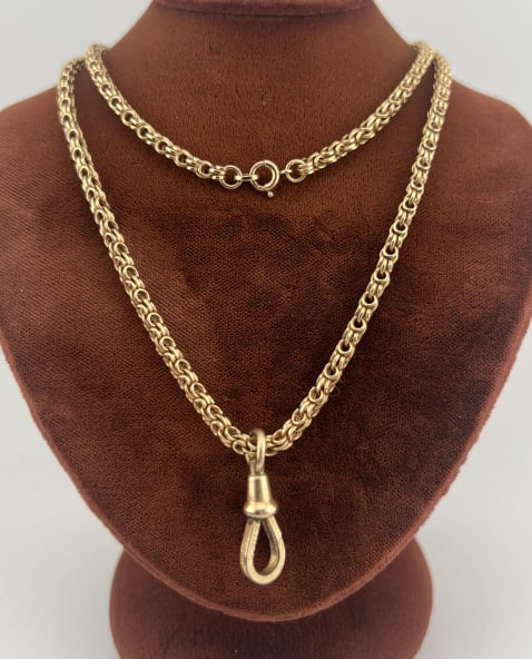 Antique Ornate Gold Fill Necklace Chain w Dog Clip: Antique Ornate Woven Design Gold Filled Necklace Chain w Dog Clip for Charms / Pendant. Hallmarked on clasp and dog clip. Chain measures approximately 24 inches in length.