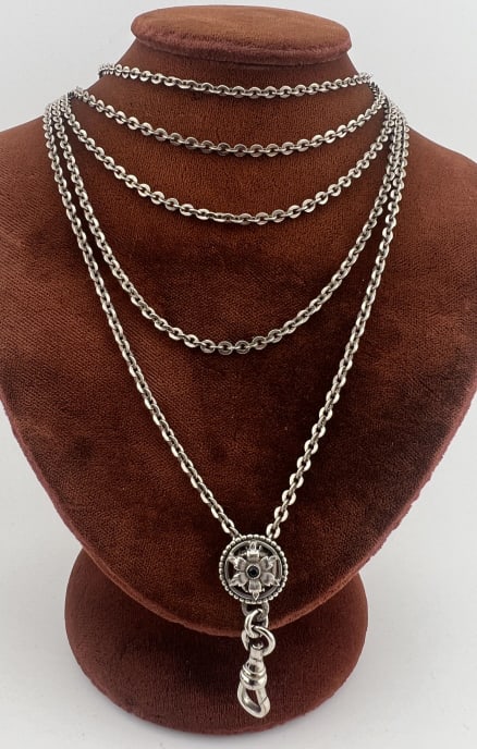Antique European 800 Silver Necklace Chain: Beautiful Antique Late 19th Century European 800 Silver Necklace Chain w Slide. Floral motif slide, rolo link chain, hallmarked 800 on ring just above the dog clip. Chain measures approximately 58 inc