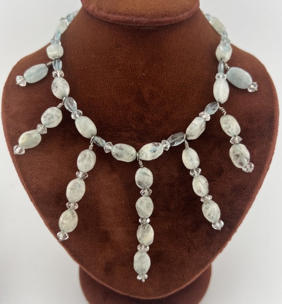 Sterling Silver Moonstone Fringe Detail Necklace: Sterling Silver Moonstone Fringe Detail Necklace. Clasp is hallmarked 925. Measures approximately 16.5 inches in length. Moonstone beads exhibit minor blue tone Adularescence.