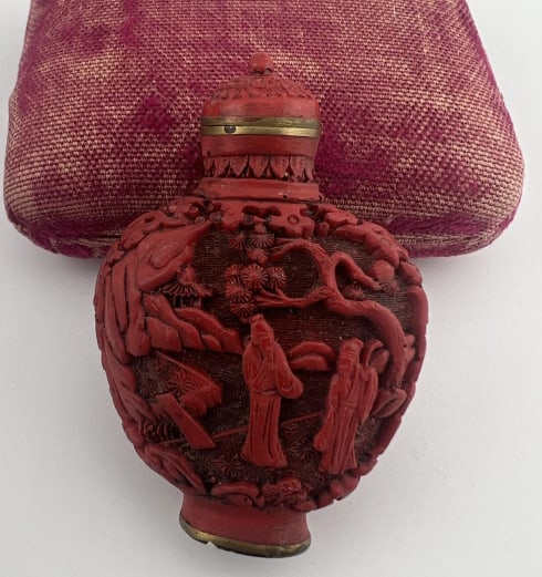 Signed Chinese Carved Red Cinnabar Snuff Bottle (1 of 6)