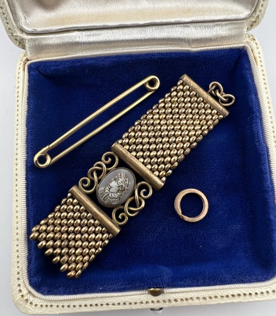 Antique Gold Filled - Safety Pin, Split Ring & Fob: Antique Gold Filled - Safety Pin, Split Ring & Fob Ribbon Pendant w Cameo. Safety pin measures 2 inches, ribbon measures 3.5 inches in length.