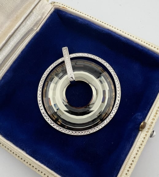 Modernist Sterling & Iridescent Crystal Pendant: Modernist Sterling Silver & Faceted Iridescent Swarovski Crystal Necklace Pendant. Hallmarked 925 and RL for Ralph Lauren. Measures just over 2 inches in length, sterling is textured on the front to r