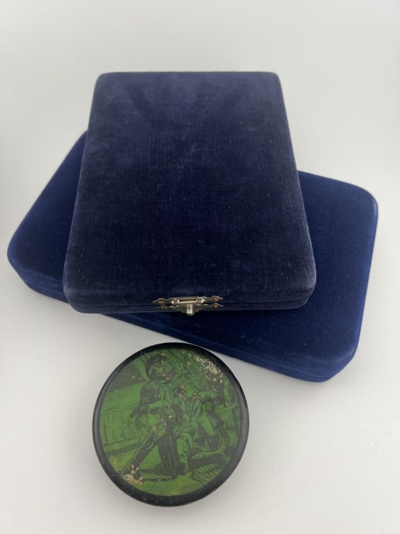 Antique 19th C Snuff Box & Antique Jewelry Boxes: Antique 19th C Snuff Box & Antique Jewelry Boxes. Antique early 19th century paper mache snuff box together with two blue velvet antique and vintage jewelry boxes. Largest measures 4 x 7 inches.