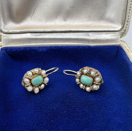 Gold Over Sterling Turquoise & Pearl Earrings: Pair of Gold Over Sterling Silver Turquoise Cabochon & Pearl Earrings. Hallmarked. Each measures approximately 1 inch in length.