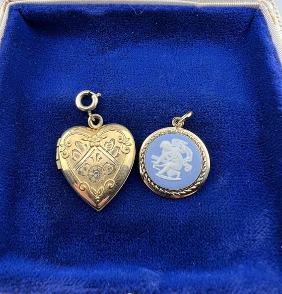 Vintage Gold Fill Heart Locket & Wedgwood Pendant: Vintage Gold Filled Heart Locket Necklace Pendant & English Wedgwood Jasperware Blue & White Necklace Pendant or Charm. Wedgwood signed on the back. Locket measures just over 1 inch with the bail.