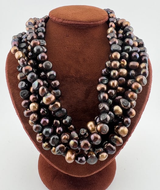 Estate 5 Strand Cultured Tahitian Pearl Necklace: Estate Five Strand Cultured Baroque Tahitian Pearl Necklace. Set with baroque Tahitian pearls in tones of gray, silver, gold and champagne. Measures 18.5 inches in length, set with Etruscan Revival st