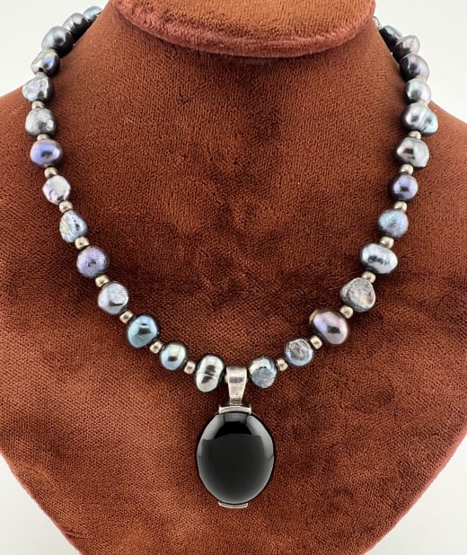 Sterling Silver Tahitian Pearl & Onyx Necklace (1 of 8)