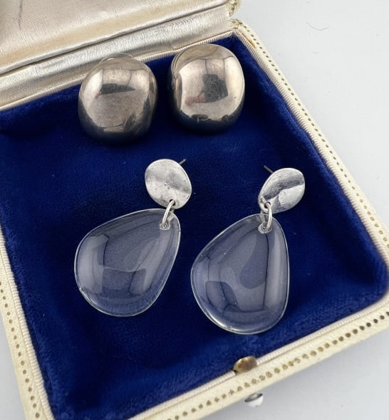 Two Pairs Sterling Silver Modernist Design Earring: Two Pairs of Sterling Silver Modernist Design Earrings. One with crystal drops. Measure approximately 1 inch and 1.75 inches in length.