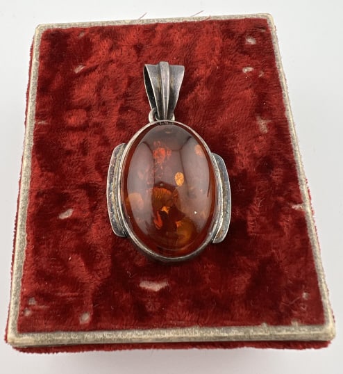 Sterling Silver & Amber Cabochon Necklace Pendant (1 of 7)