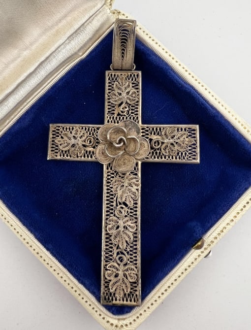 Antique Large Scale Silver Filigree Cross Pendant: Antique Large Scale Silver Filigree Cross Pendant. Handmade filigree and floral motif cross necklace pendant in 800 silver. Measures 4 x 2.25 inches.