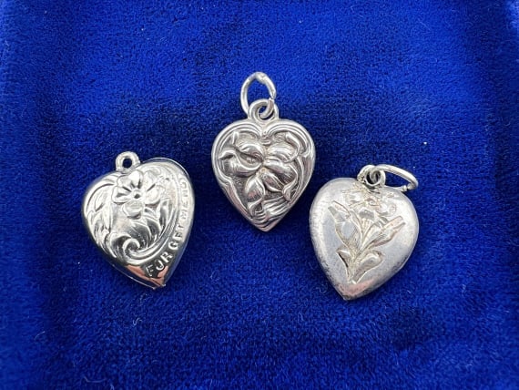 Antique Sterling Puffy Heart Pendants / Charms (1 of 9)