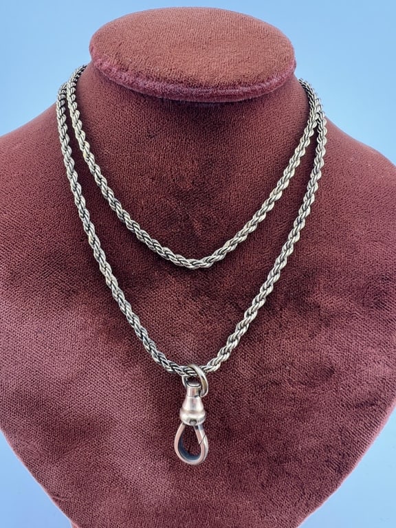 Gold Over Sterling Necklace Chain w Dog Clip: Gold Over Sterling Silver Rope Twist Design Necklace Chain w Dog Clip. Hallmarked at clasp. Chain measures 20 inches in length.