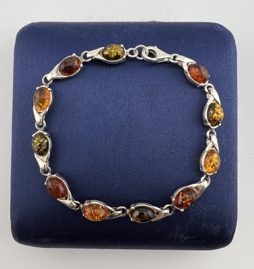 Sterling Silver & Amber Cabochon Panel Bracelet (1 of 9)