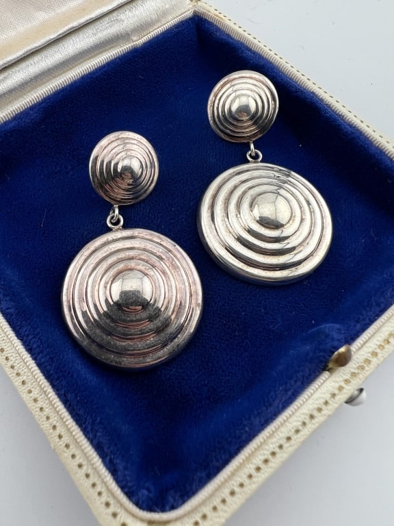 Art Deco Style Sterling Silver Pendant Earrings: Pair of Art Deco Style Sterling Silver Pendant Earrings. Hallmarked on the backs. Each measures just over 1.75 inches in length.